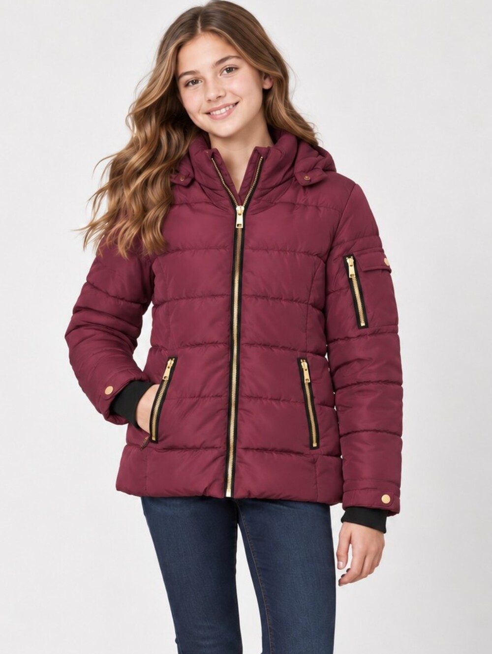 London Fog Girls Rhinestone Faux Fur Hooded Winter Puffer Coat Gold Accent L